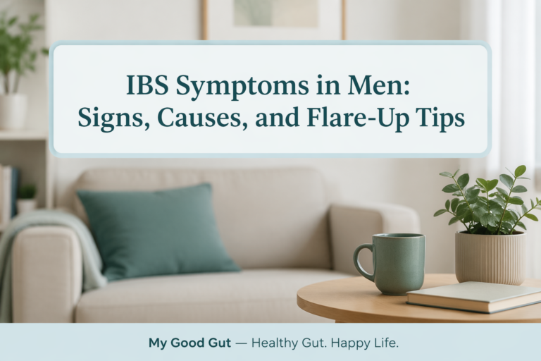 Cover image with title: IBS Symptoms in Men: Signs, Causes, and Flare-Up Tips