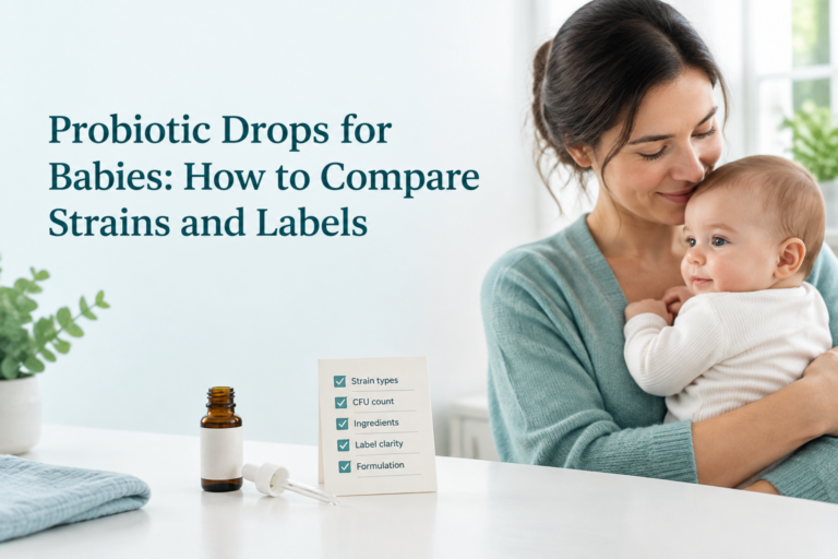 Probiotic drops for babies beside a label comparison checklist and dropper