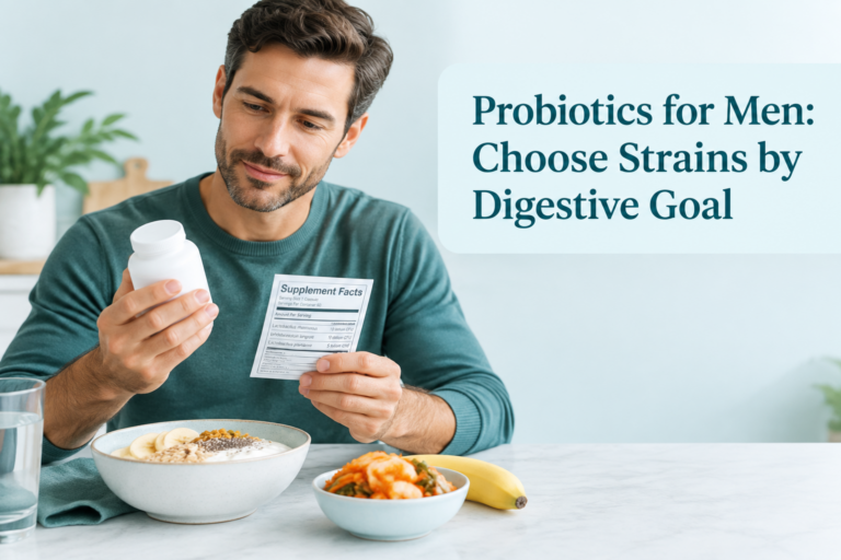 Probiotics for men guide with a man reviewing strains, doses, and digestive goals