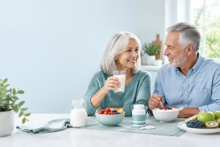 Older couple with yogurt and probiotics for seniors, benefits, strains, and safety