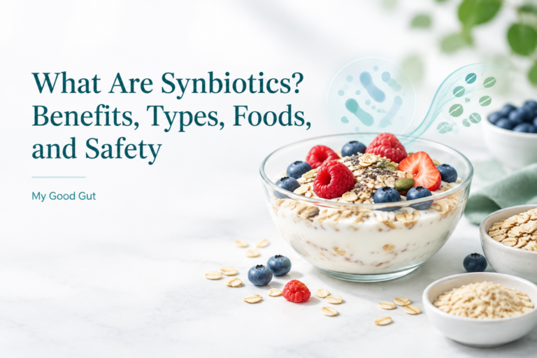 What Are Synbiotics? Benefits, Types, Foods, and Safety cover with yogurt, oats, and berries