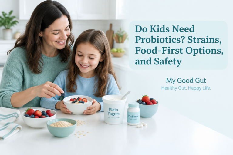 Child choosing yogurt and food-first probiotics, with the title Do Kids Need Probiotics