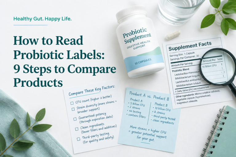 How to read probiotic labels with a supplement bottle and Supplement Facts panel