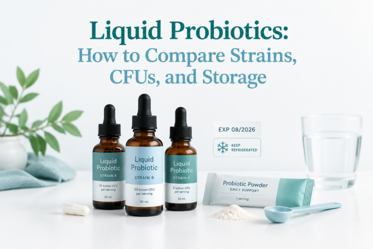 Liquid probiotics with labels, CFUs, strains, and storage guidance