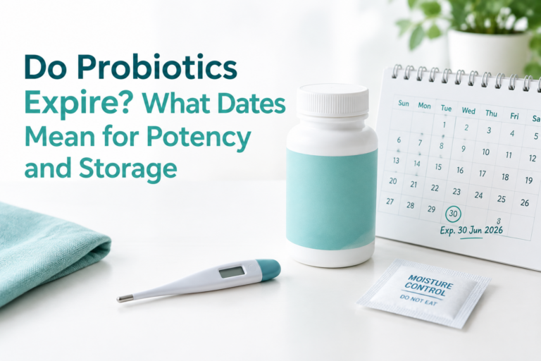 Probiotic bottle, expiration date, and storage items for understanding probiotic potency