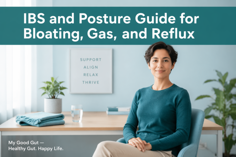 Cover photo: person sitting upright at desk with title 'IBS and Posture Guide for Bloating, Gas, and Reflux'