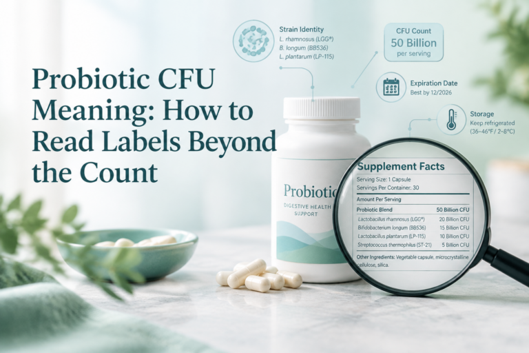 Probiotic CFU meaning label with strain, count, and expiration details