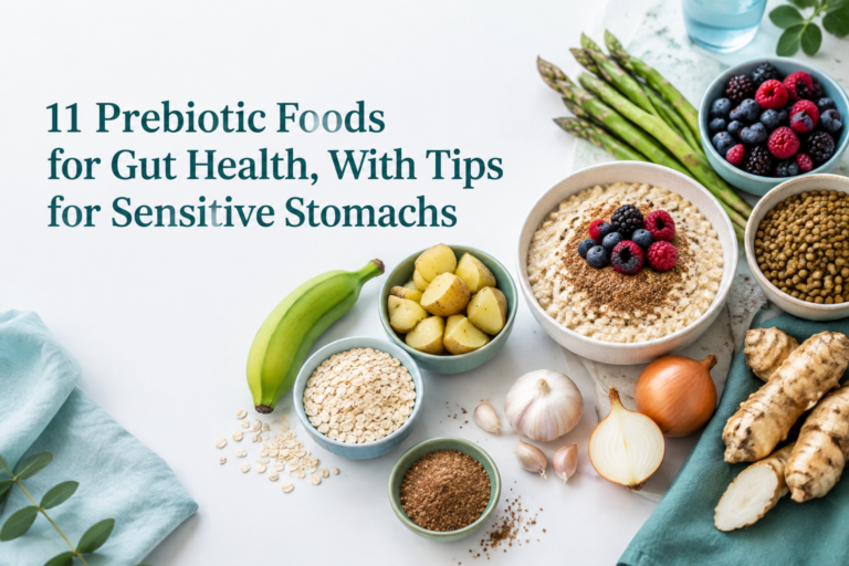 11 prebiotic foods for gut health, including oats, bananas, asparagus, berries, and lentils