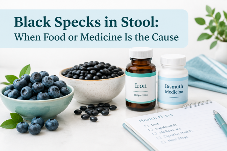 Black specks in stool causes: food, iron, and bismuth medicine