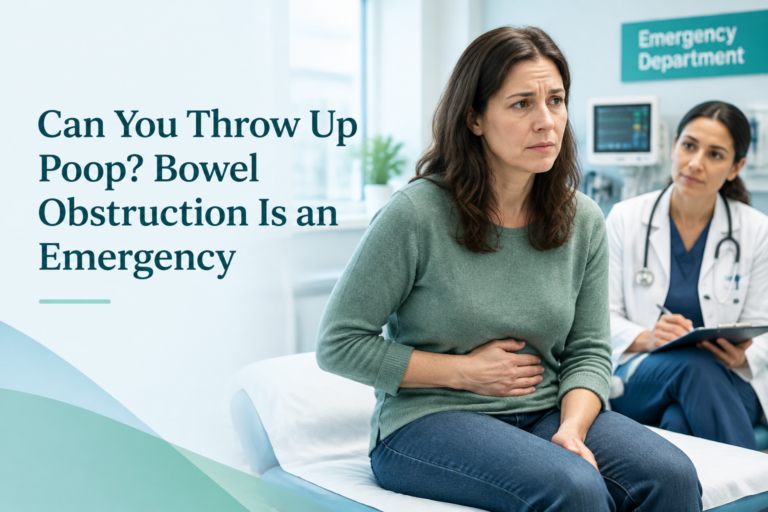 Bowel obstruction emergency warning with patient speaking to a clinician