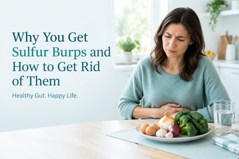 Why you get sulfur burps: digestive health illustration with eggs, garlic, vegetables, and water