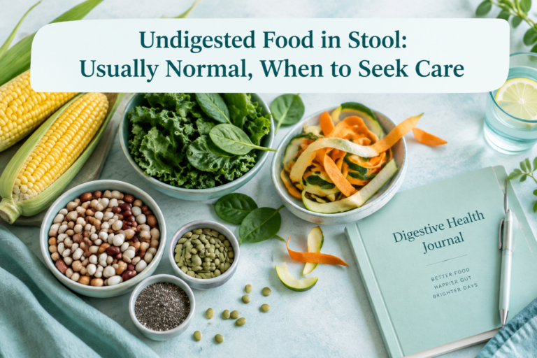 Undigested food in stool article cover with corn, seeds, and leafy greens
