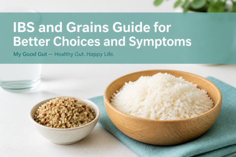 Cover photo: bowls of rice and quinoa with title 'IBS and Grains Guide for Better Choices and Symptoms'