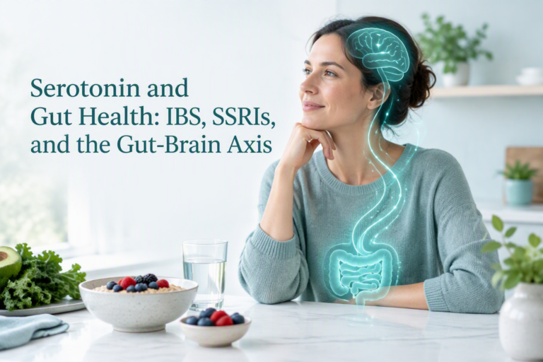 Serotonin and gut health illustration showing the IBS gut-brain axis