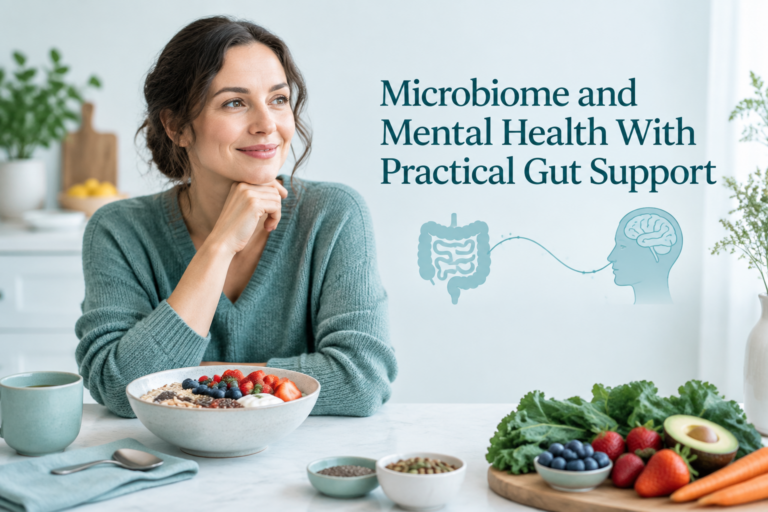 Microbiome and mental health with practical gut support, shown through gut-friendly foods and calm wellness imagery