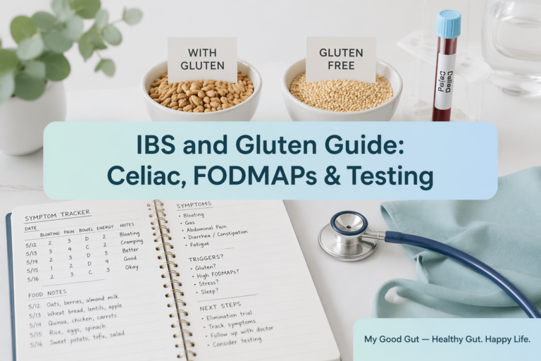 Cover: IBS and Gluten Guide with wheat and gluten-free grains, My Good Gut article title