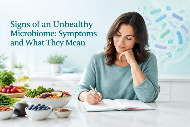 Signs of an unhealthy microbiome with a symptom journal and gut health foods