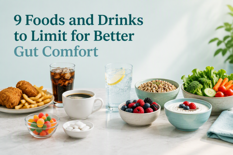 Foods and drinks to limit for better gut comfort, including fried foods, soda, coffee, and sugar-free gum