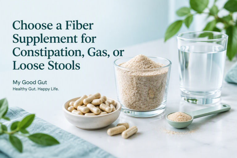 Fiber supplements for constipation, gas, and loose stools on a clean wellness tabletop