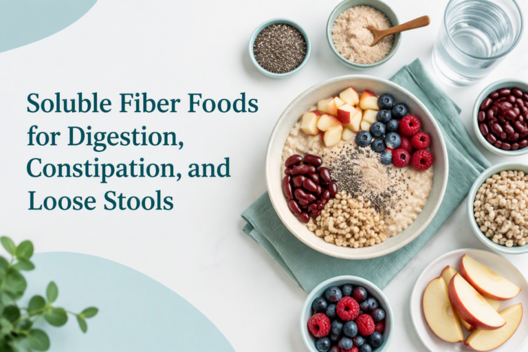Soluble fiber foods including oats, beans, fruit, and psyllium for digestion