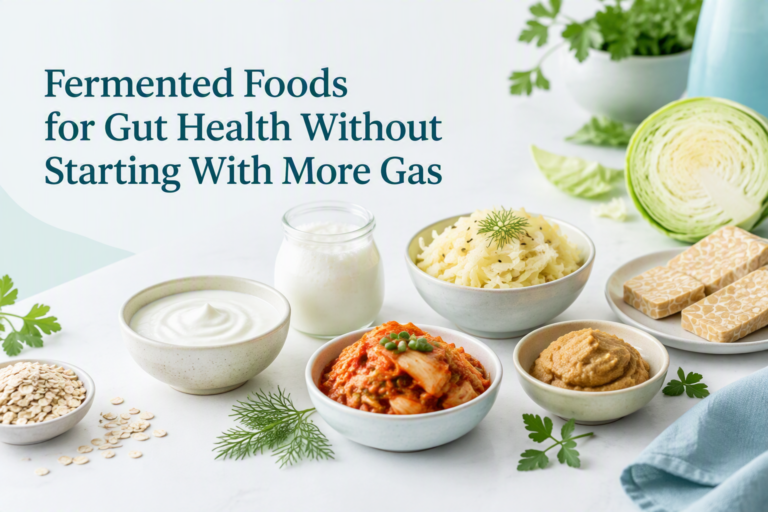 Fermented foods for gut health in small portions, including yogurt, kefir, kimchi, and sauerkraut