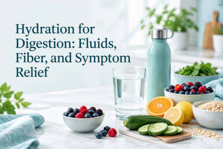 Hydration for digestion with water, fiber-rich foods, and symptom relief