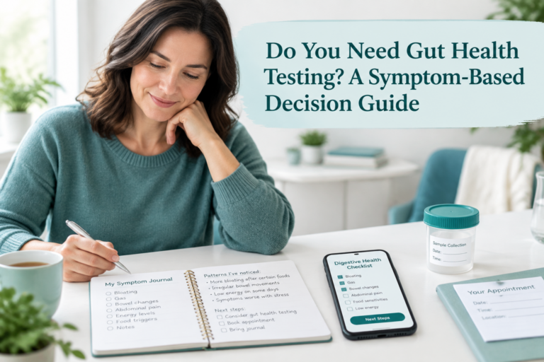 Gut health testing decision guide with symptom journal and medical testing notes