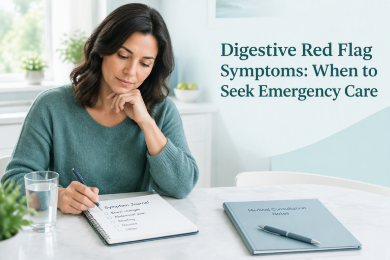 Digestive red flag symptoms guide with a patient reviewing warning signs and emergency care information