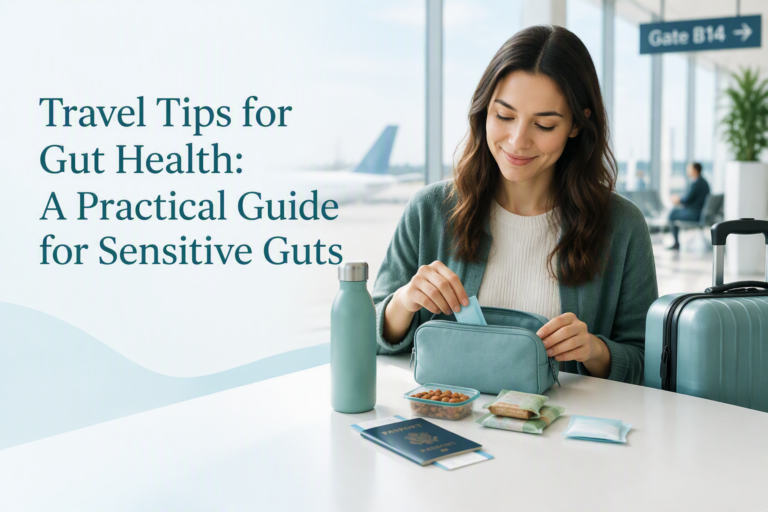 Travel tips for gut health with a sensitive-gut travel kit and familiar snacks