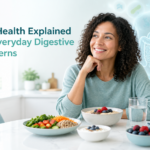 Gut health explained with balanced foods and digestive health imagery