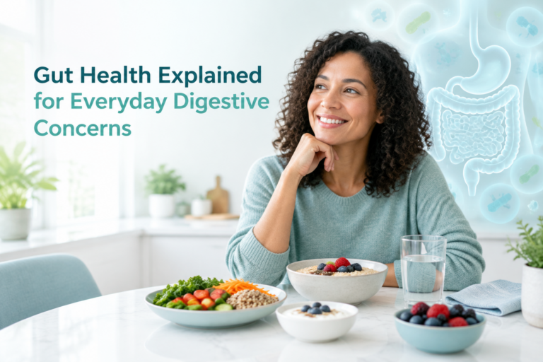 Gut health explained with balanced foods and digestive health imagery
