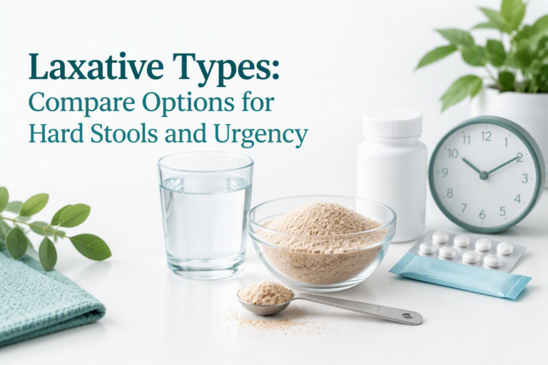 Laxative types for hard stools and urgency, including fiber, osmotic, and stimulant options