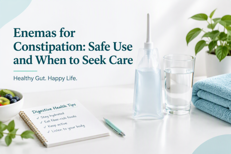 Enema for constipation safety guide with prepared product and care advice