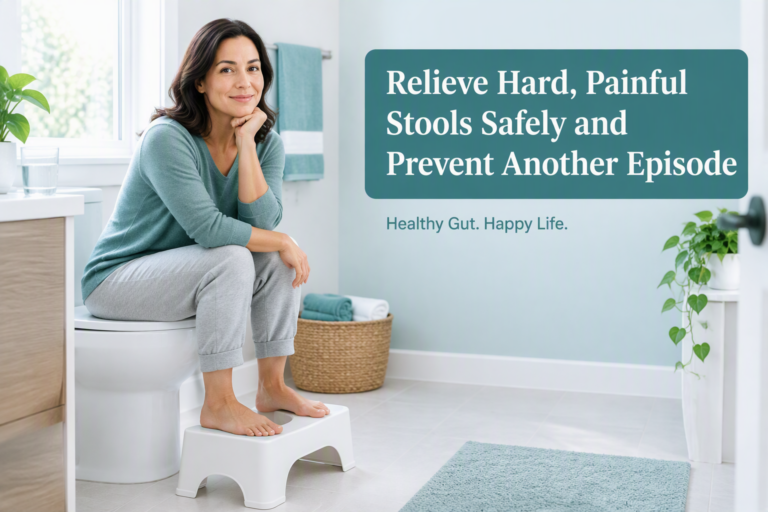 Safe relief for hard, painful stools with a toilet footstool and water