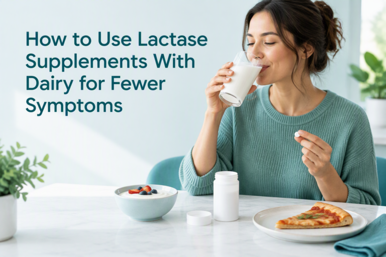 Lactase supplement taken with dairy to reduce lactose intolerance symptoms