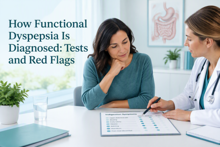 How functional dyspepsia is diagnosed with tests and red flags