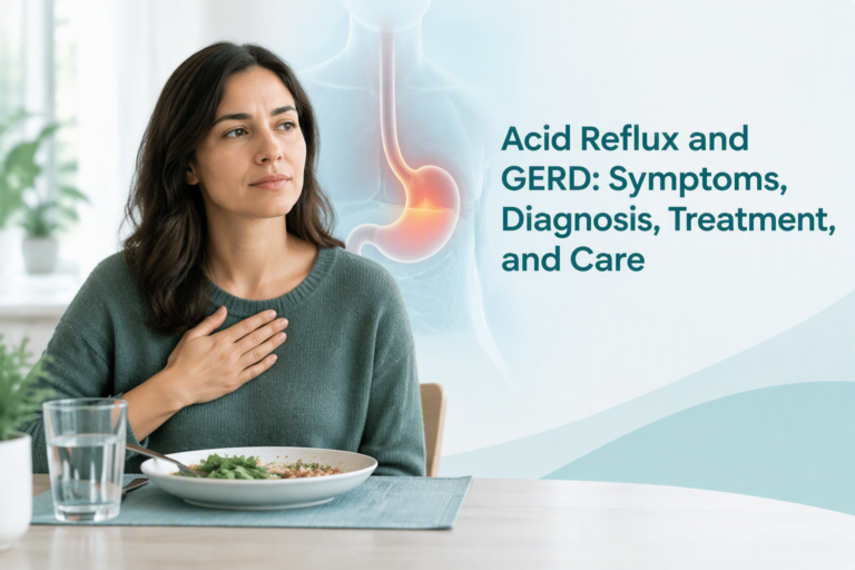 Acid reflux and GERD symptoms, diagnosis, treatment, and care illustration