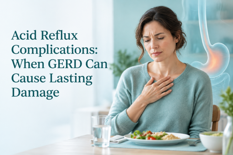 Acid reflux complications and GERD damage illustrated with a person experiencing heartburn