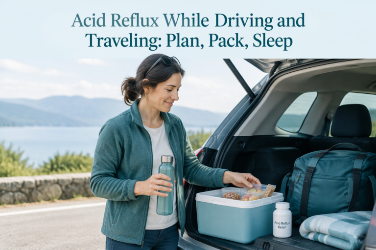 Acid reflux travel kit with snacks, water, and medicine prepared for driving