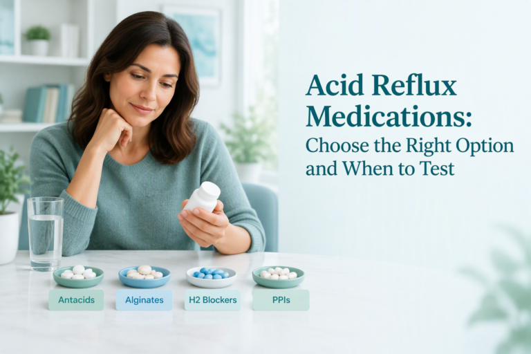 Acid reflux medications guide comparing antacids, H2 blockers, PPIs, and reflux testing