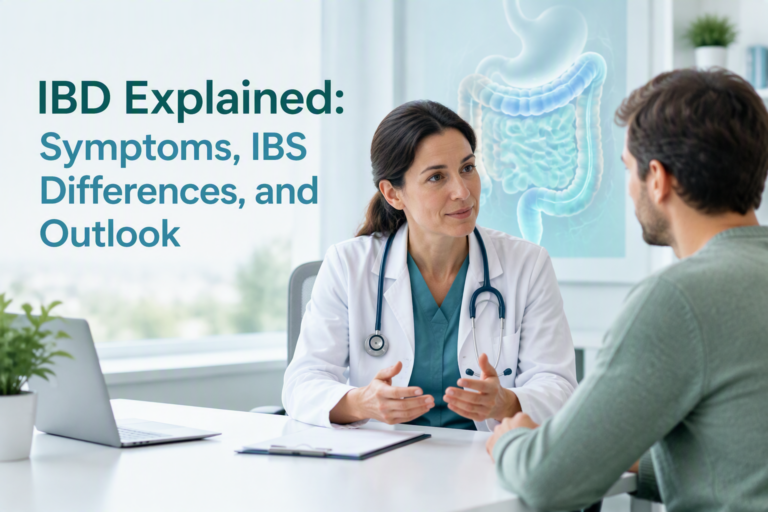 IBD explained with digestive tract illustration, IBS differences, symptoms, and outlook