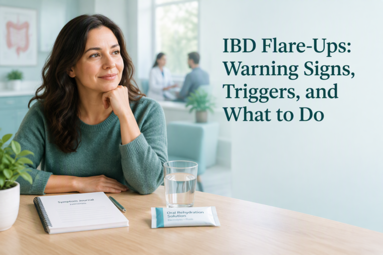 IBD flare-ups guide with symptom journal, hydration supplies, and warning signs