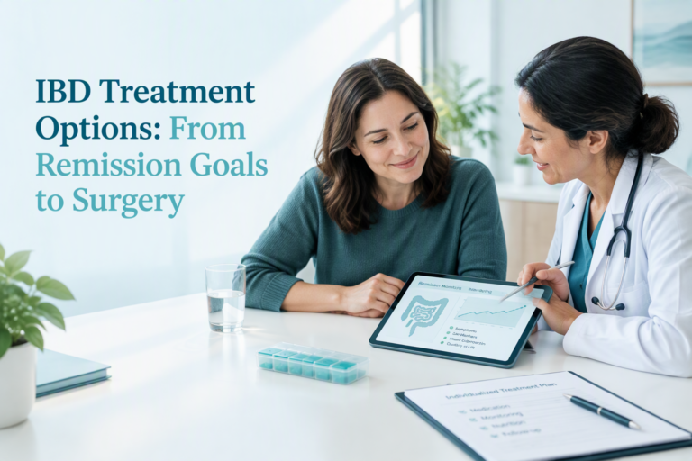 IBD treatment options consultation covering remission goals, medicines, monitoring, and surgery