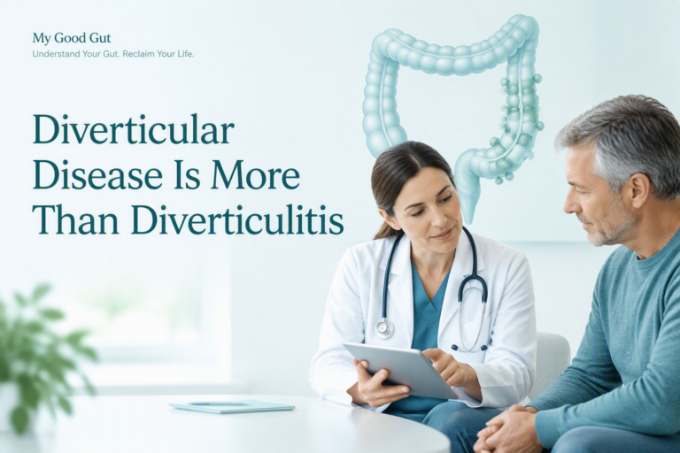 Diverticular disease illustration showing colon pouches and the title Diverticular Disease Is More Than Diverticulitis