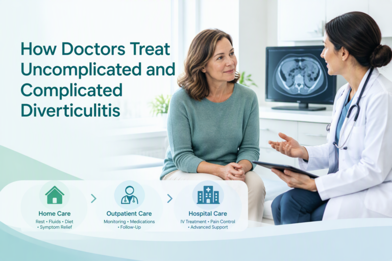 Doctor explaining uncomplicated and complicated diverticulitis treatment options