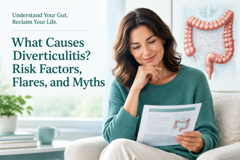 What causes diverticulitis: colon health illustration with risk factors, flares, and myths
