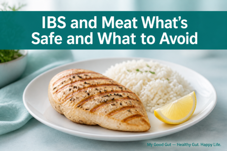 IBS and Meat What’s Safe and What to Avoid cover photo: grilled chicken plate, title banner