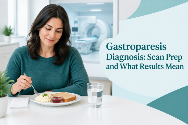 Gastroparesis diagnosis cover showing scan preparation and a standardized gastric emptying test meal