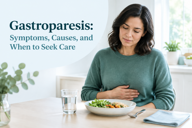 Gastroparesis symptoms and causes: adult with upper abdominal discomfort beside a small meal