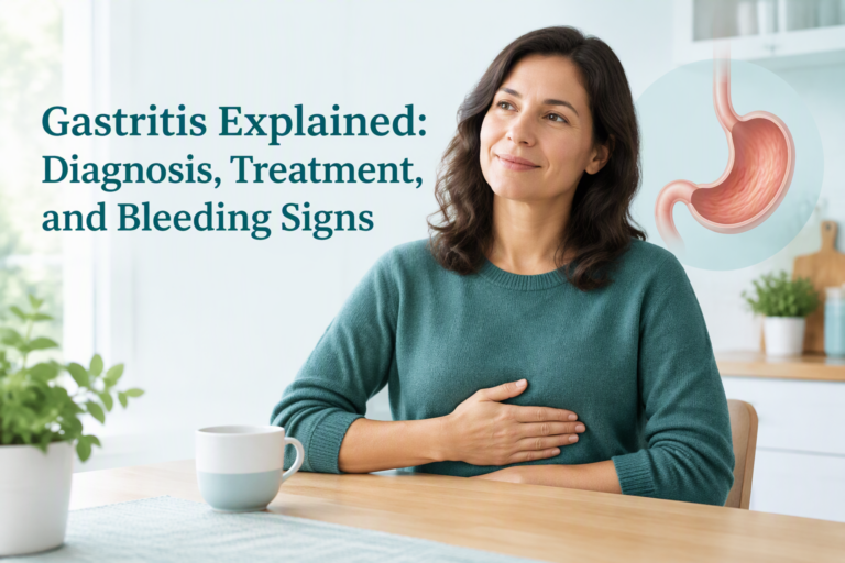 Gastritis Explained: Diagnosis, Treatment, and Bleeding Signs cover with a calm adult and stomach illustration